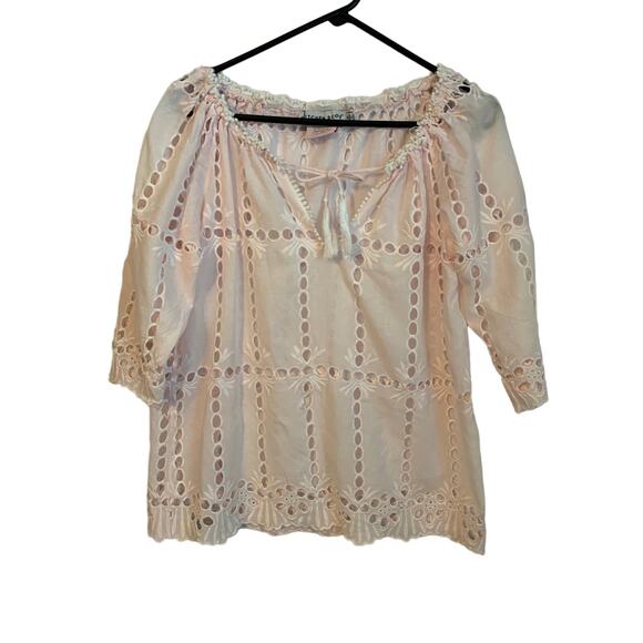 Gretchen Scott Light Pink Size Small Eyelet 3/4 Sleeve Elastic Neck - Picture 1 of 5
